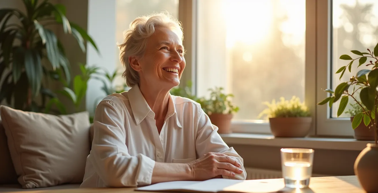 Eine Person feiert ihren Rauchstopp mit positiver Ausstrahlung, umgeben von Symbolen der Gesundheit wie Grüner Natur und modernem Wohlbefinden