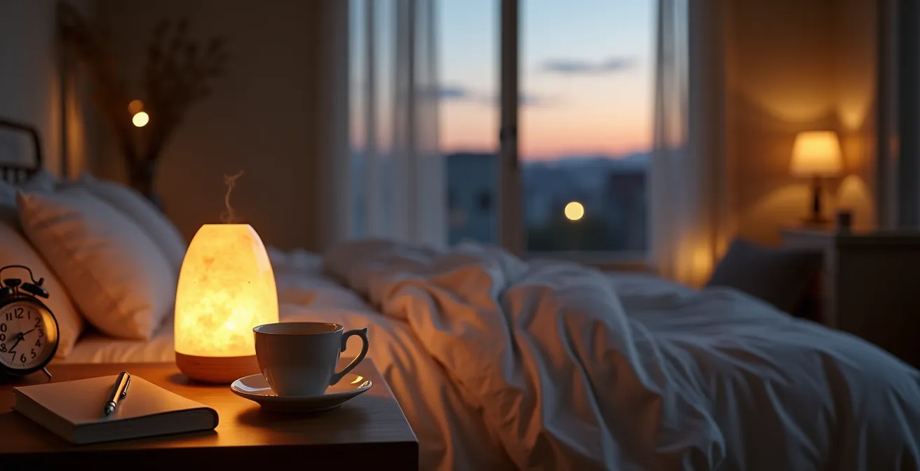 Beruhigende Abendroutine mit gedimmtem Licht und entspannenden Aktivitäten zur Förderung der Melatoninproduktion