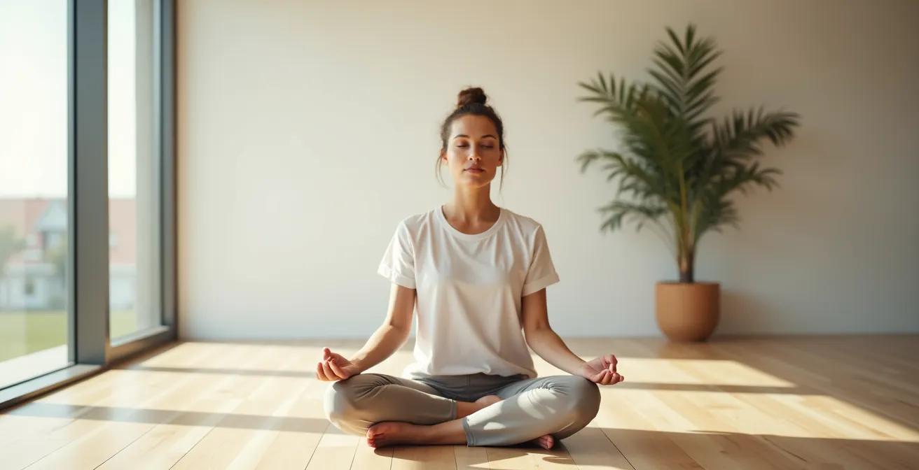 Eine Person in Meditationshaltung, die innere 'Wellen' des Verlangens beobachtet, dargestellt als abstrakte Luftbewegungen um sie herum, was die Achtsamkeitspraxis symbolisiert.