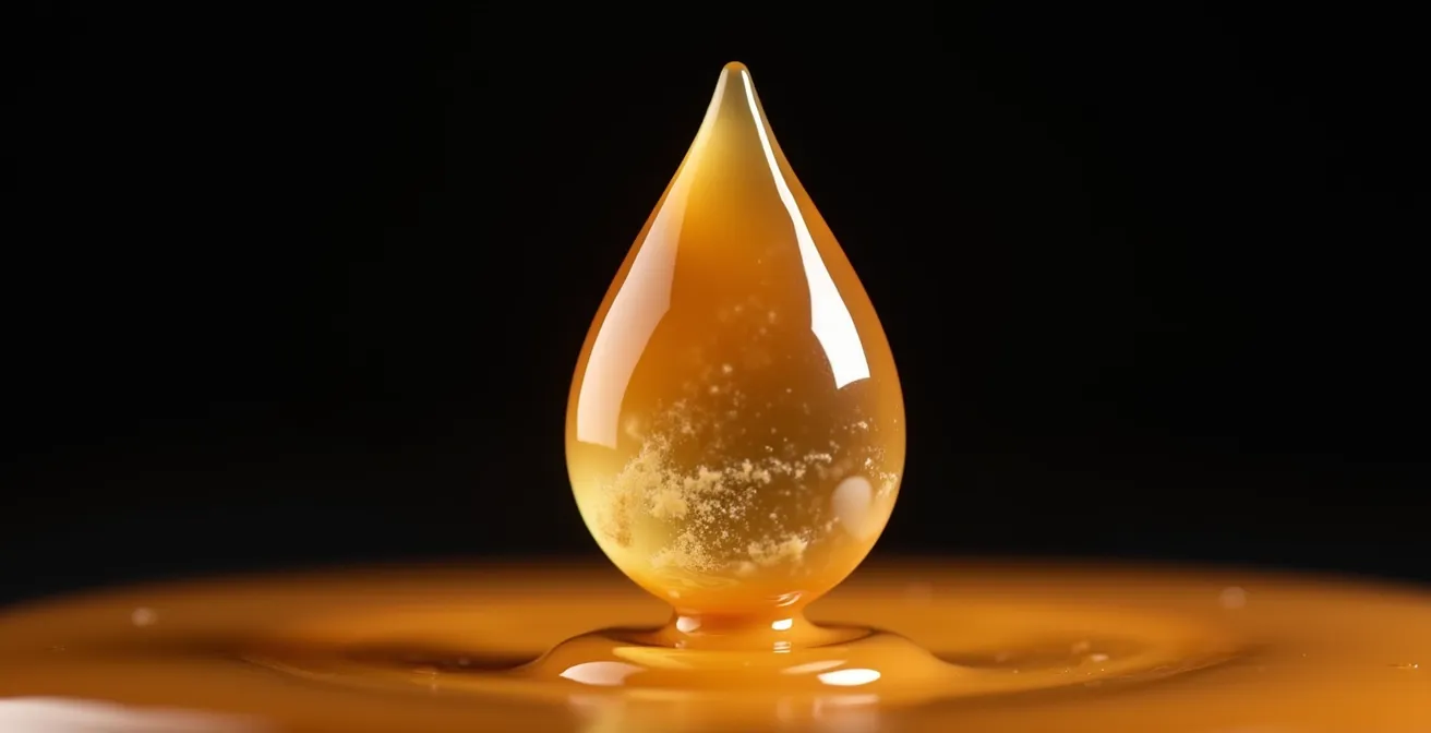Makroaufnahme eines Liquid-Tropfens, der durch seine verschiedenen Farbschichten die Komplexität der Aromenarchitektur visualisiert.