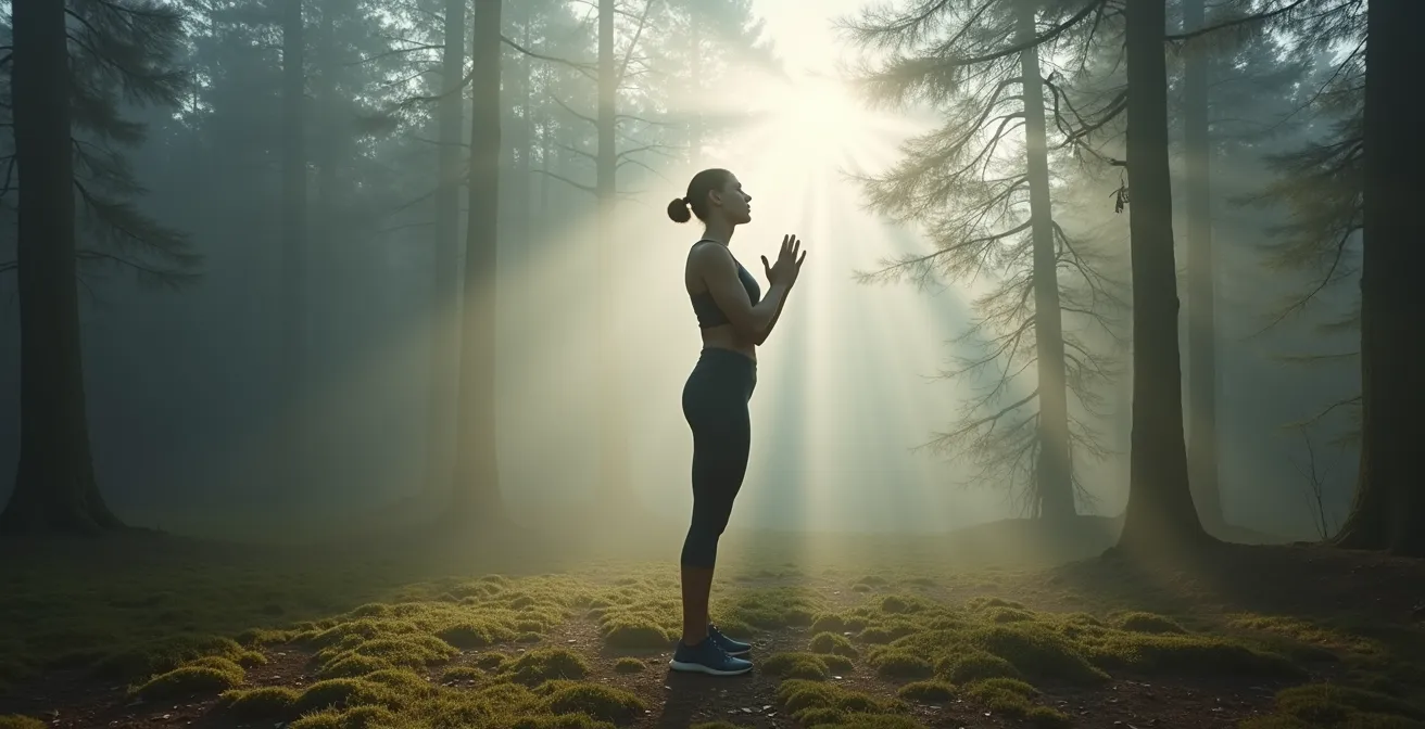Person praktiziert Atemübungen in deutscher Waldlandschaft zur natürlichen Lungenreinigung