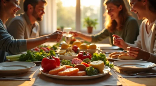 Eine warmherzige deutsche Familie sitzt um einen Tisch mit ausgewogenen Mahlzeiten aus frischem Gemüse, Vollkornbrot und Proteinen, mit natürlichem Licht von einem Fenster