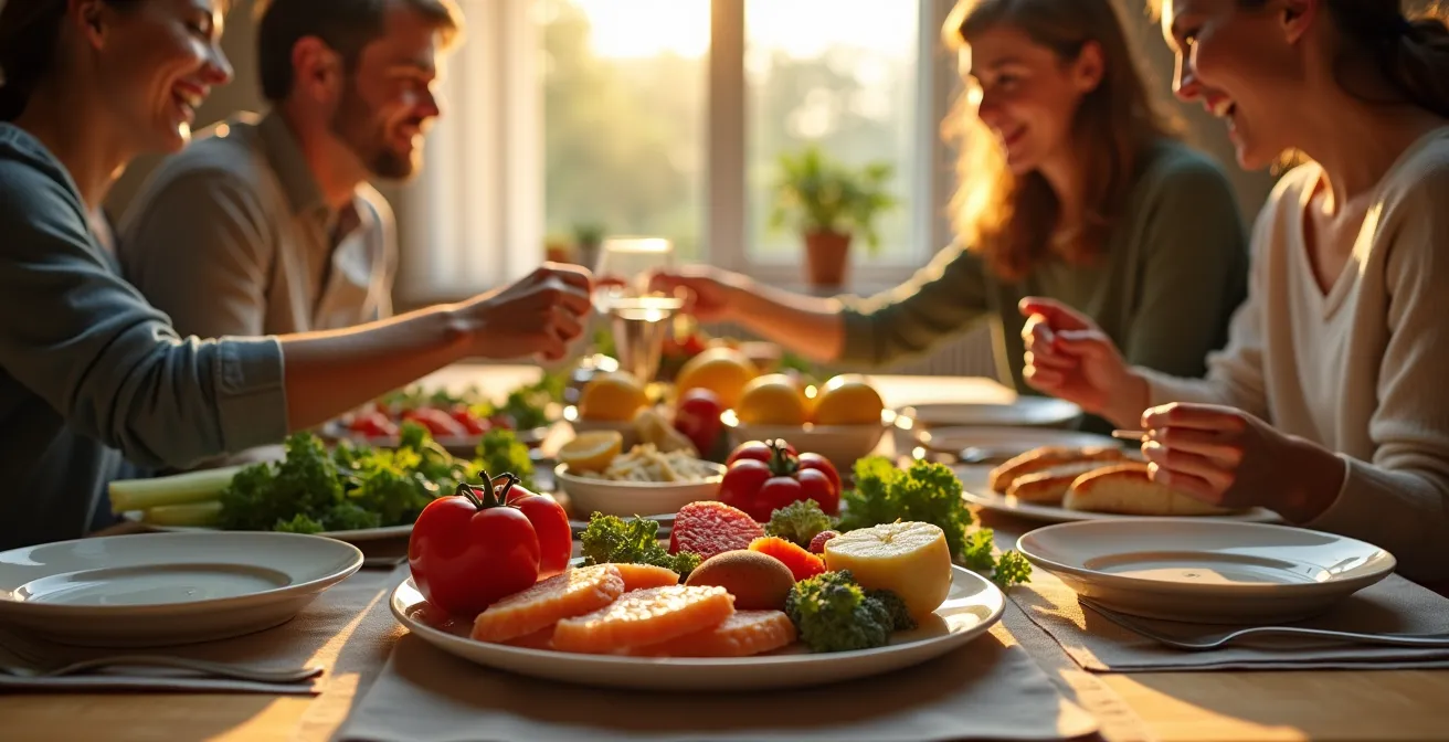 Eine warmherzige deutsche Familie sitzt um einen Tisch mit ausgewogenen Mahlzeiten aus frischem Gemüse, Vollkornbrot und Proteinen, mit natürlichem Licht von einem Fenster