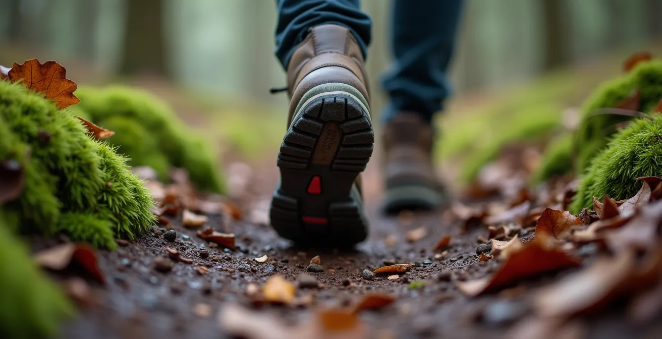 Nahaufnahme von Wanderschuhen auf deutschem Waldweg mit Moos und Blättern