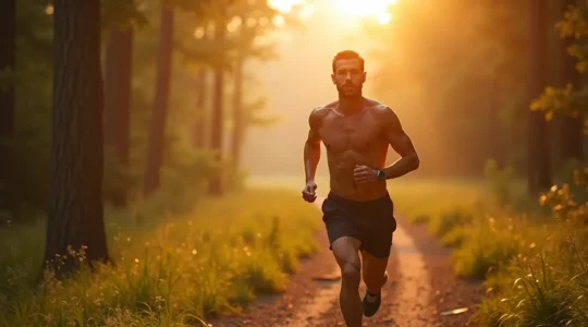 Ein junger Mann joggt energisch durch einen grünen Wald bei Tageslicht, sein Körper voller Vitalität und Kraft, während strahlende Sonnenstrahlen durch die Baumkronen fallen