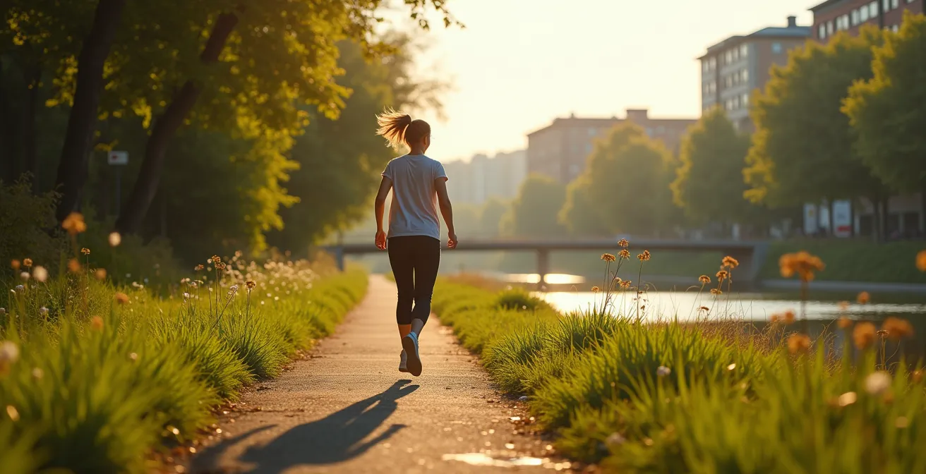 Urbane Bewegungsszene: Person beim Wandern oder Walken durch deutsche Stadtlandschaft mit Grünflächen und natürlichem Licht, symbolisiert aktiven Lebenswandel.