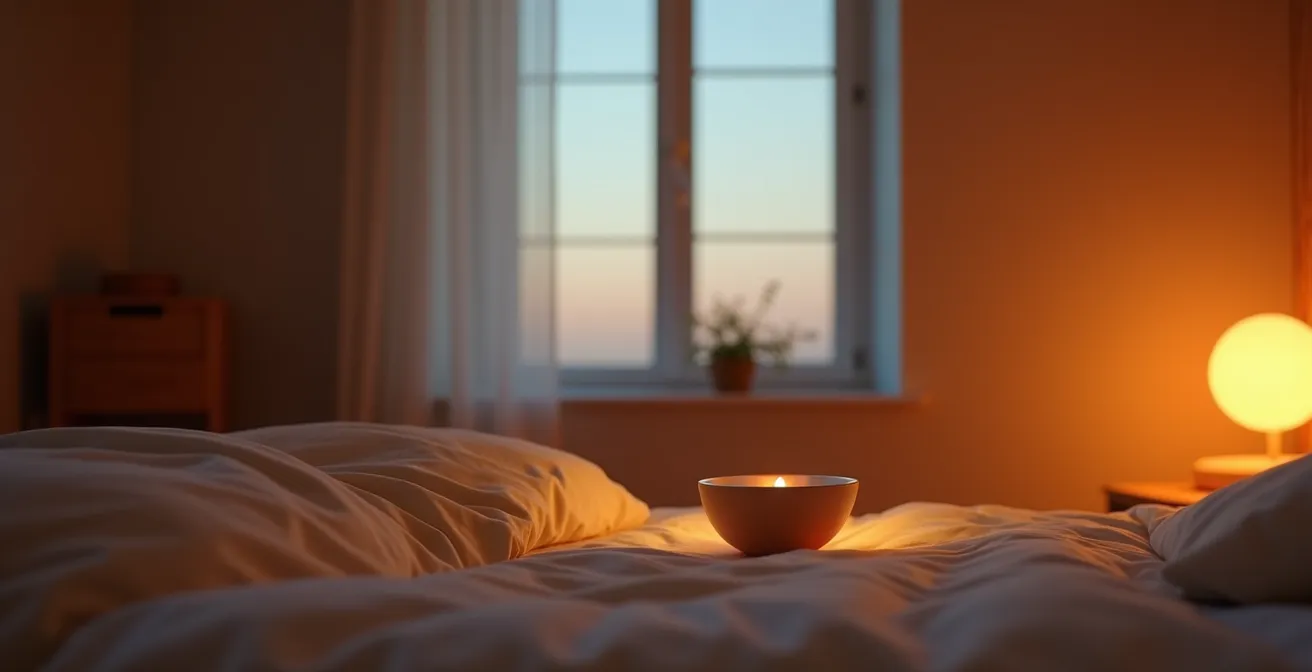 Stilles Leben mit technischen Geräten in warmen Farbtönen, evoziert abendliche Entspannung ohne Bildschirm-Texte