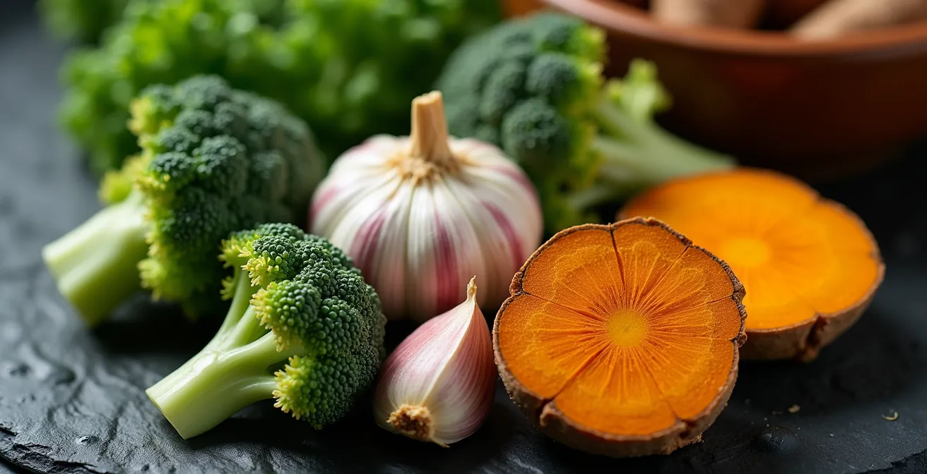 Frischer Brokkoli, Knoblauch und Kurkumawurzel, die als Unterstützer der Leberfunktion dienen.