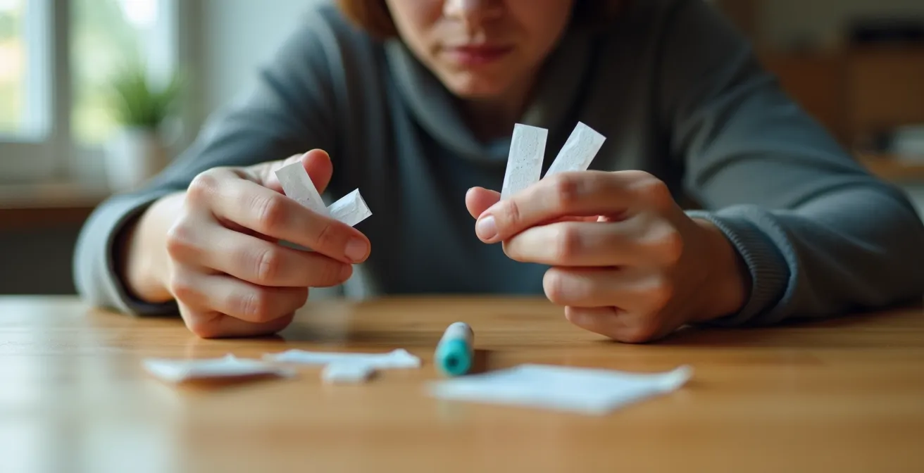 Kontrast zwischen einer gestressten Hand, die chaotisch viele Raucherentwöhnungshilfen hält, und einer ruhigen Hand neben einem einzelnen, strategisch platzierten Pflaster.