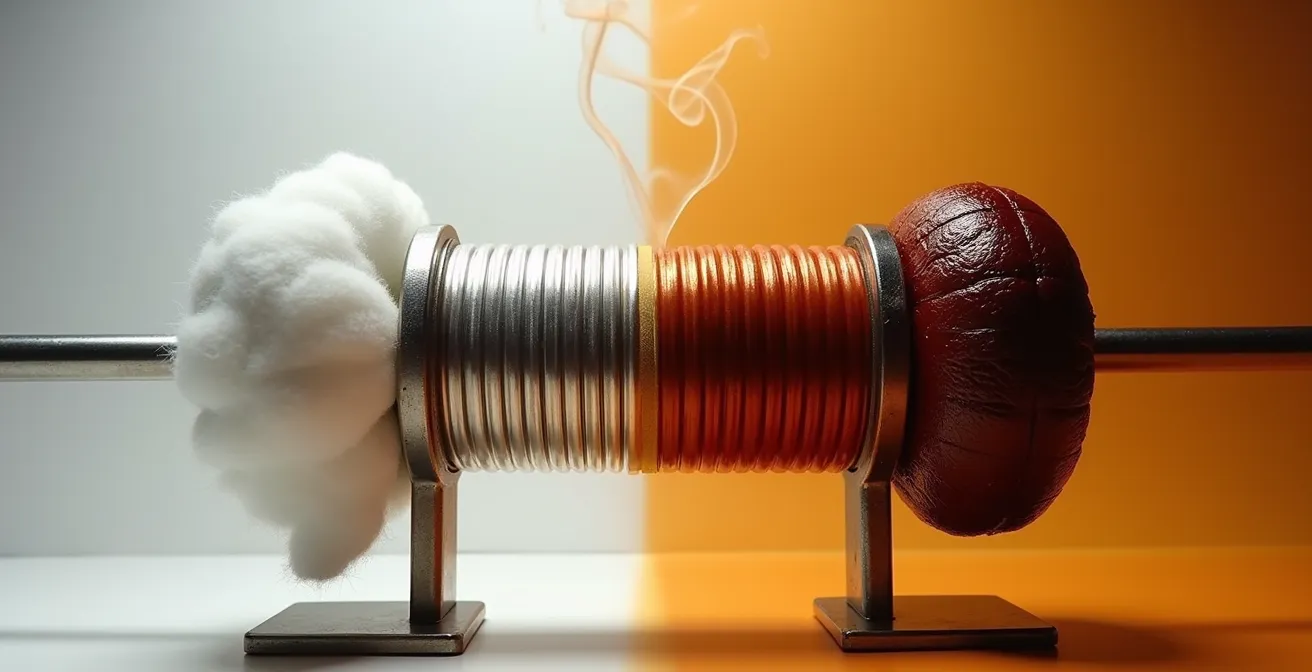 Detailaufnahme einer verschmutzten Verdampferspule mit dunklen Karamellablagerungen im Vergleich zu einer sauberen Spule