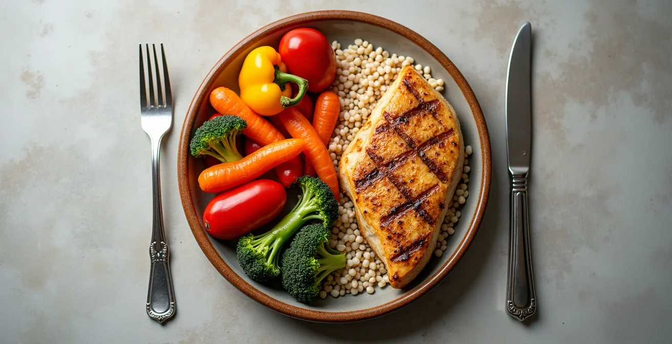 Nahaufnahme eines Tellers nach der Teller-Trick-Methode mit Vollkornbrot, frischem Gemüse, Fisch und Kräutern auf deutsche Art angerichtet