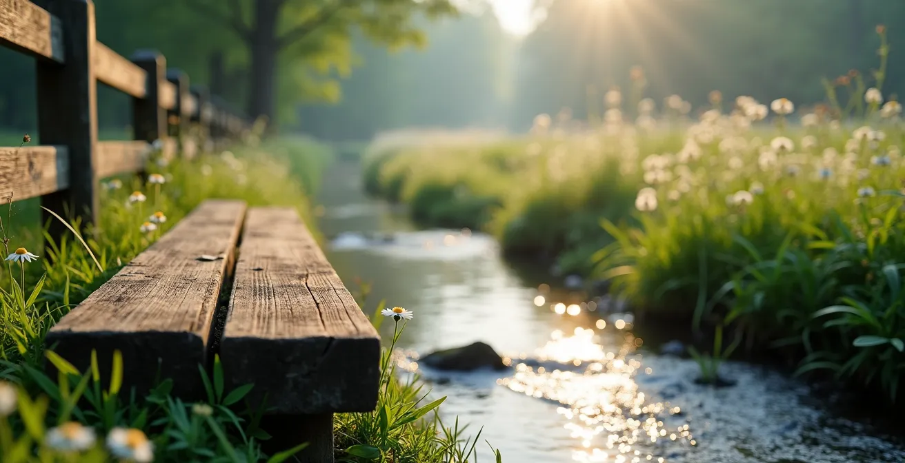 Deutsche Waldlandschaft mit wildem Kamille und klarem Quellwasser in einem Bach, Symbol für natürliche Aromen