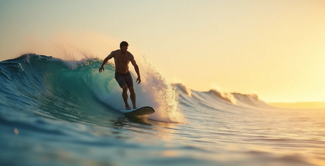 Eine Person surft auf einer Welle als Metapher für das Beherrschen von Rauchverlangen, mit sauberer Komposition und negativem Raum.