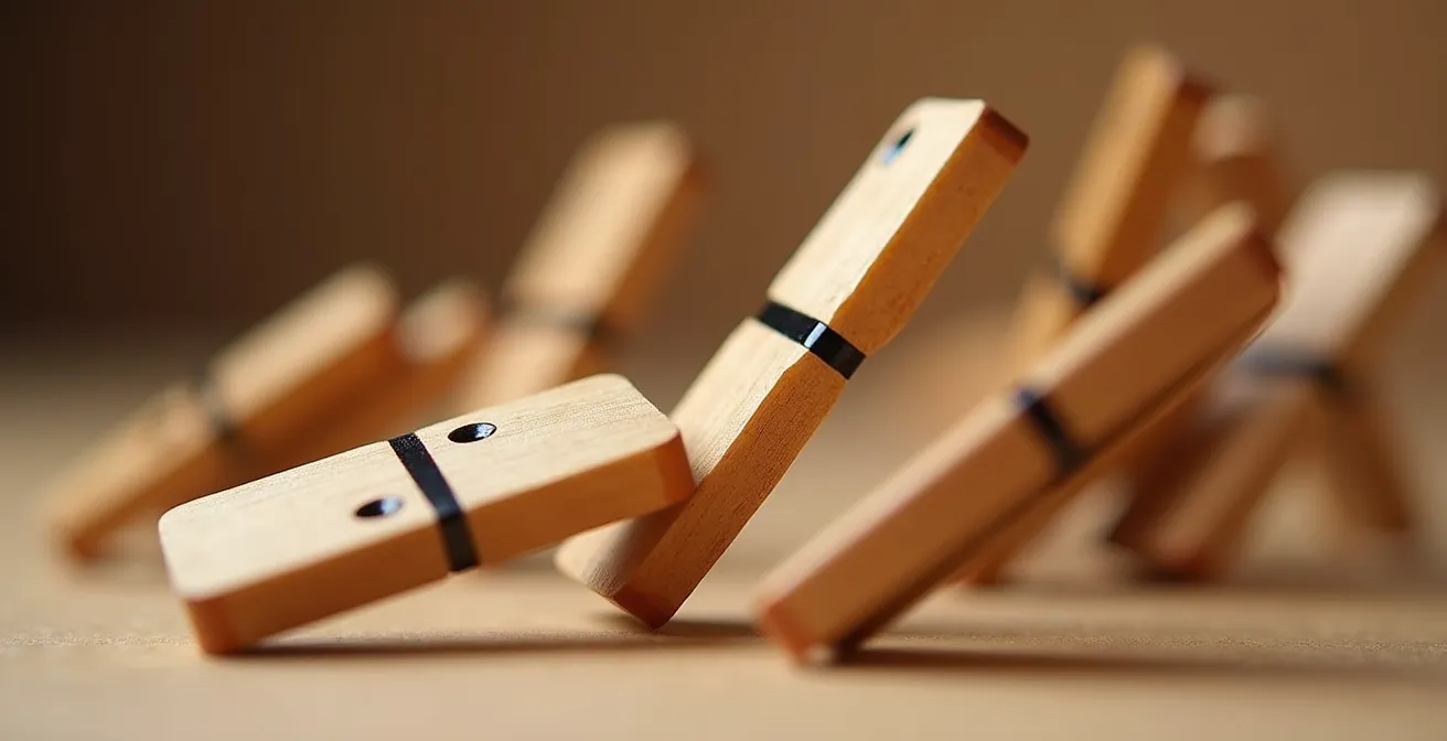 Makroaufnahme von fallenden Dominosteinen in sanftem Licht