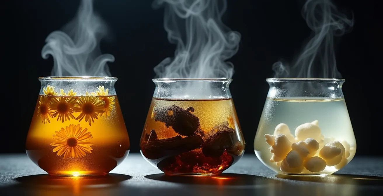 Drei verschiedene Teezubereitungen nebeneinander: dampfender Aufguss, kochende Abkochung und Kaltauszug