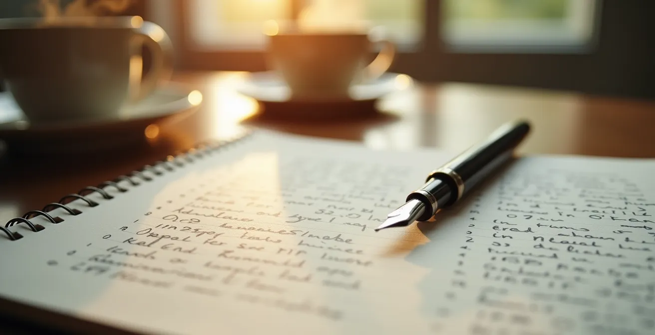 Nahaufnahme eines handgeschriebenen Raucher-Tagebuchs mit Stift und Kaffeetasse