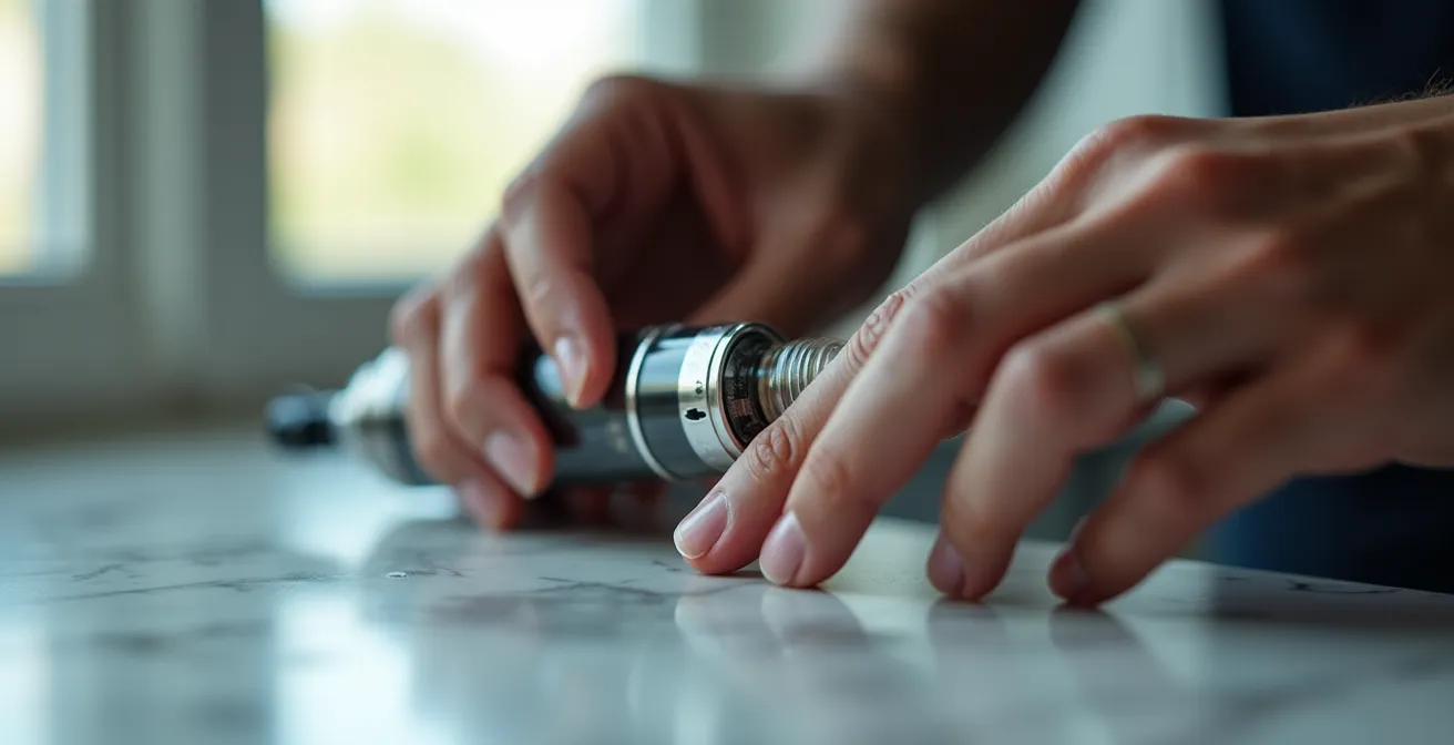 Detaillierte Ansicht einer E-Zigarette während des Befüllvorgangs mit sichtbarem Liquid-Tank