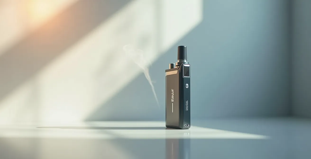 Professionelle Magazine-Fotografie einer modernen E-Zigarette im Gegenlicht mit diffusem Dampf, auf neutralem Hintergrund mit negativem Raum