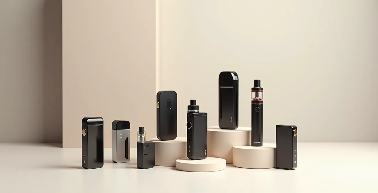Neben- und Übersichtsaufnahmen verschiedener E-Zigaretten-Typen (Pod, AIO, Box-Mod) auf minimalistischem, strukturiertem Hintergrund