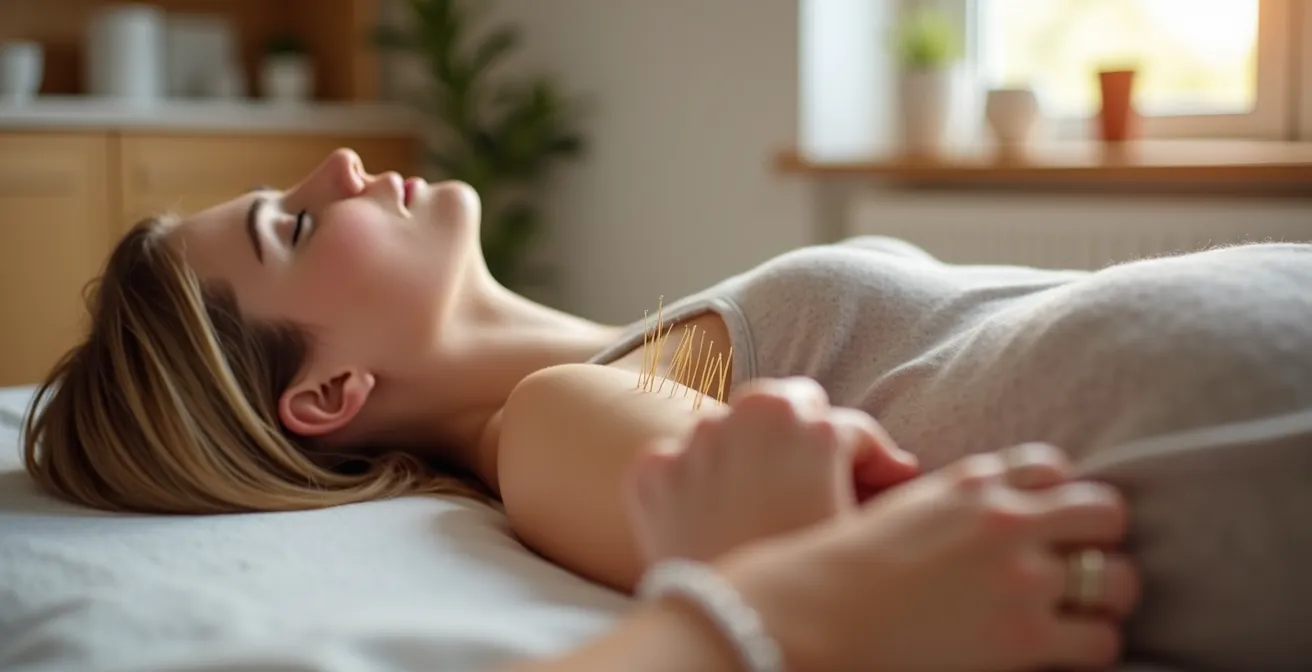 Patient während einer professionellen Akupunkturbehandlung in deutscher Praxis