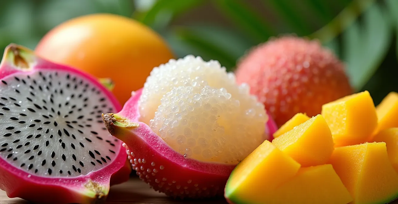 Makroaufnahme exotischer Früchte mit Dampftropfen