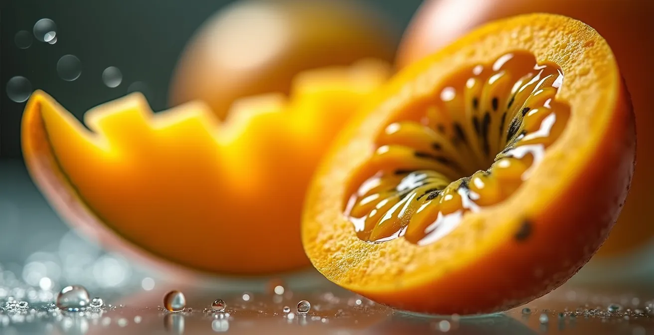 Makroaufnahme von geschnittener Mango und Maracuja mit Dampftröpfchen