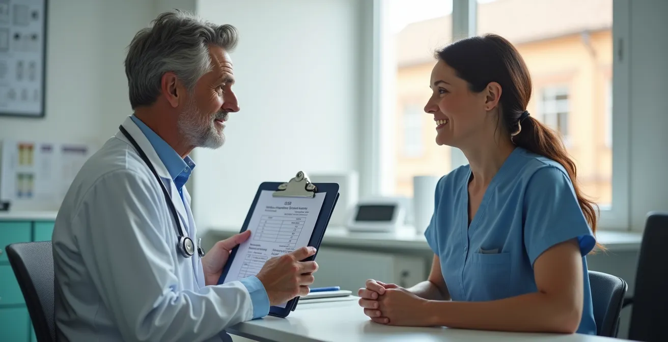 Pneumologe in modernem Konsultationszimmer berät Patientin zu Rauchstopp mit professionellen Diagnoseinstrumenten im Hintergrund
