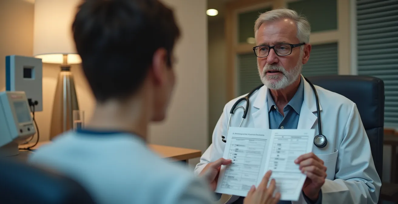 Pneumologe demonstriert Fagerström-Test während Patient aufmerksam zuhört, freundliche Atmosphäre mit Lehrmaterialien