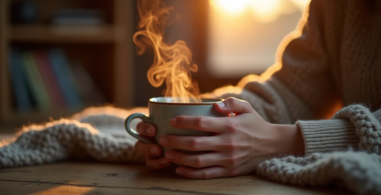 Gemütliche Abendszene mit einer Teetasse und einem Buch als Ersatz für die abendliche Zigarette.