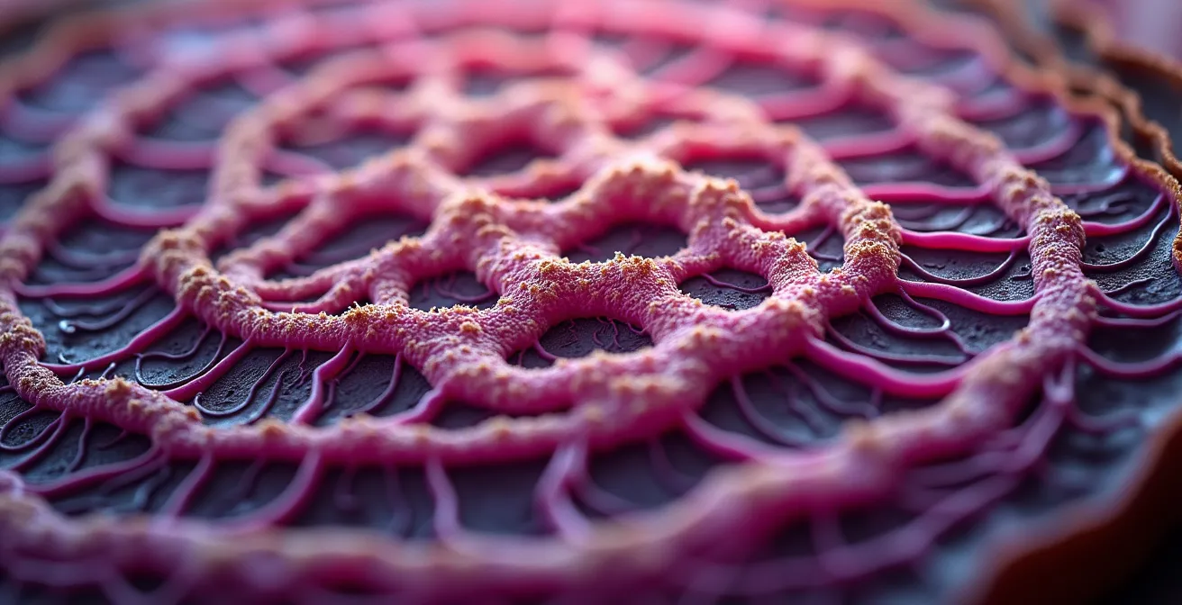 Mikroskopische Darstellung von Zellstrukturen unter oxidativem Stress mit sichtbaren Schädigungen