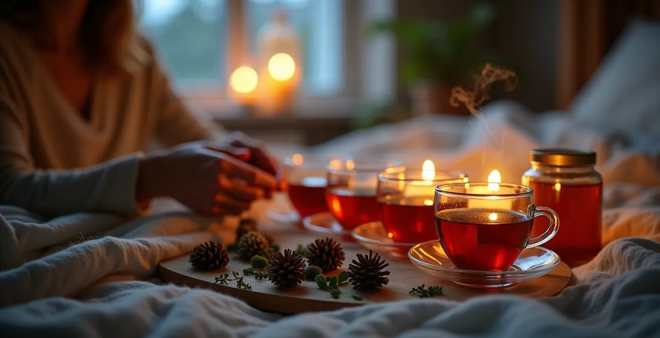 Abendstimmung mit fünf verschiedenen Schlaf-Tees und getrockneten Kräutern bei Kerzenlicht