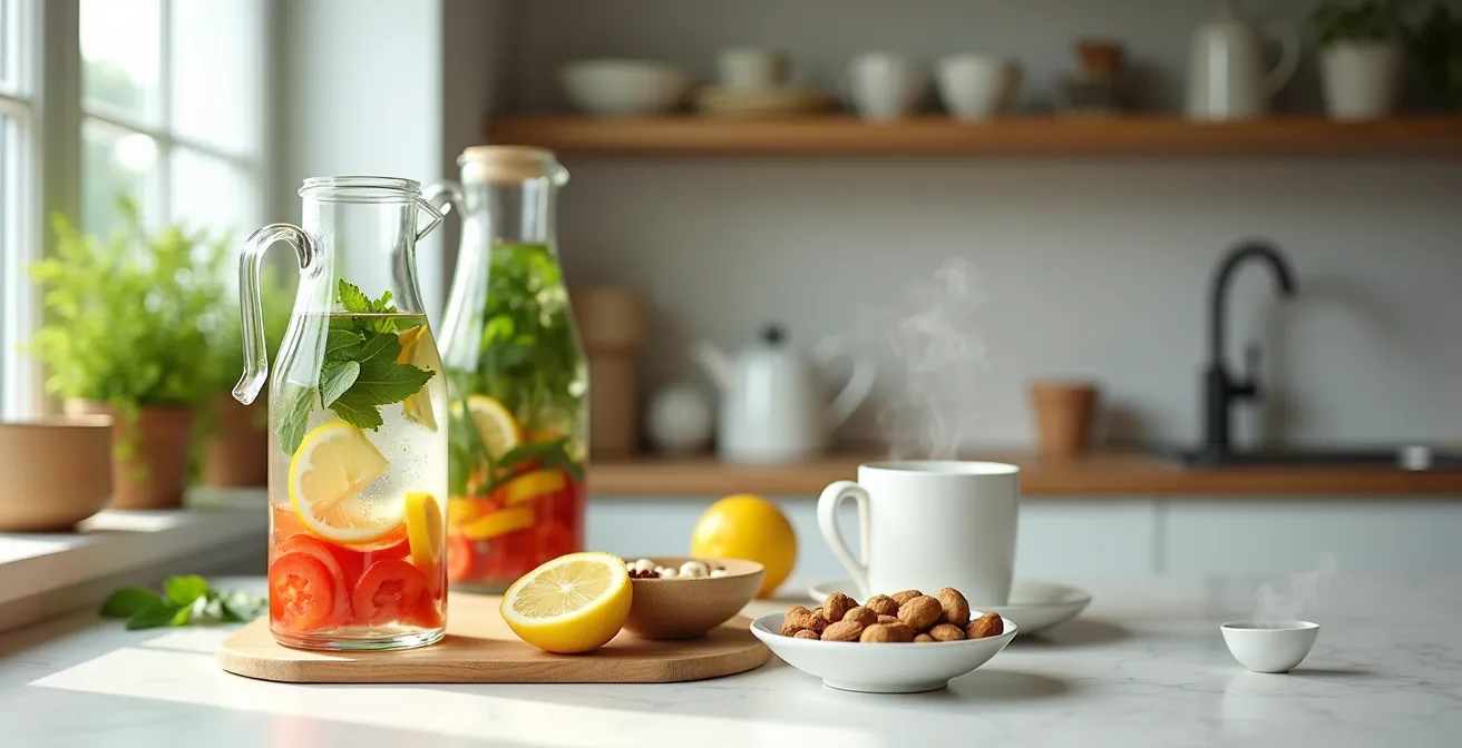 Arrangement gesunder Snacks und Wasser als Alternative zu ungesunden Ersatzbefriedigungen