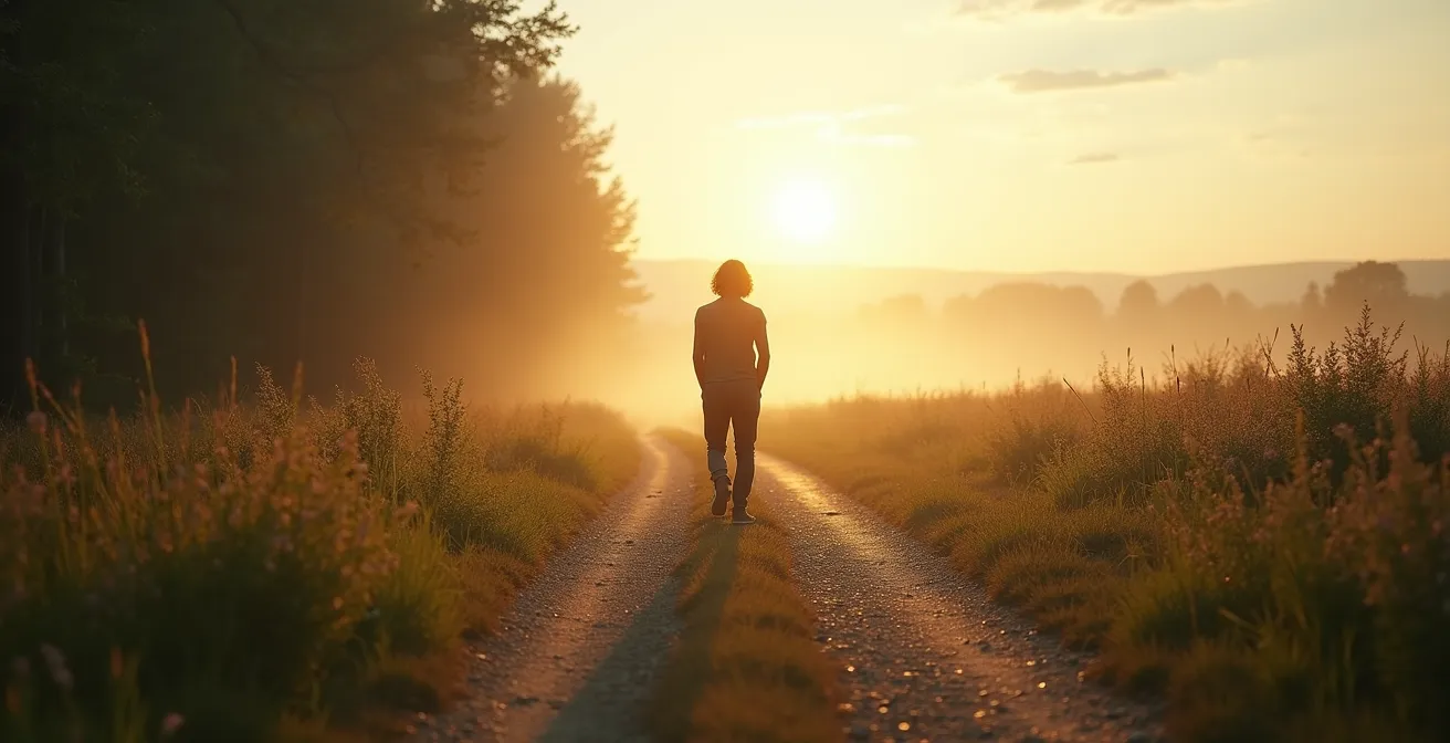 Transformative Reise nach dem Rauchstopp: Ein Übergang von Verhältnis zu körpereiner Gesundheit, symbolisiert durch Bewegung vom Dunkel ins Licht, mit sanften Details deutscher Landschaft.