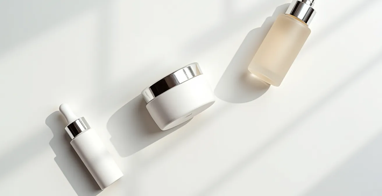 Eine minimalistische Anordnung von drei bis fünf hochwertigen Hautpflegeprodukten auf einer sauberen, hellen Oberfläche