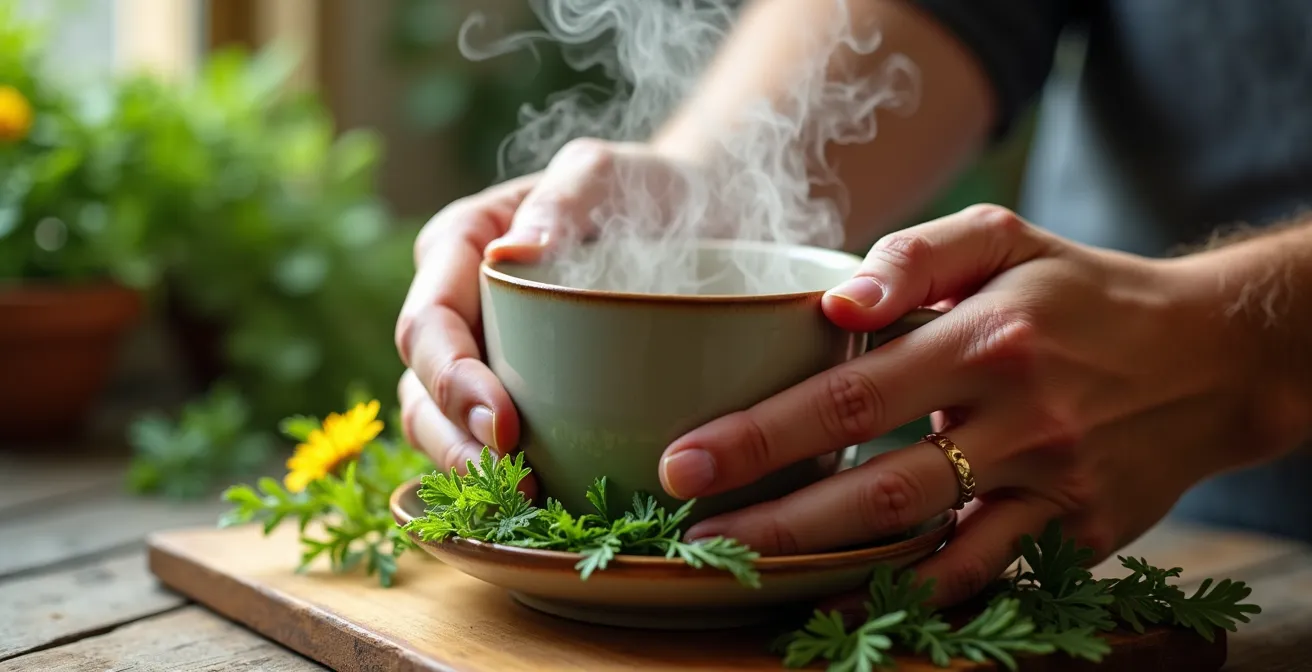 Tasse mit Kräutertee umgeben von frischen Brennnesseln und Löwenzahn
