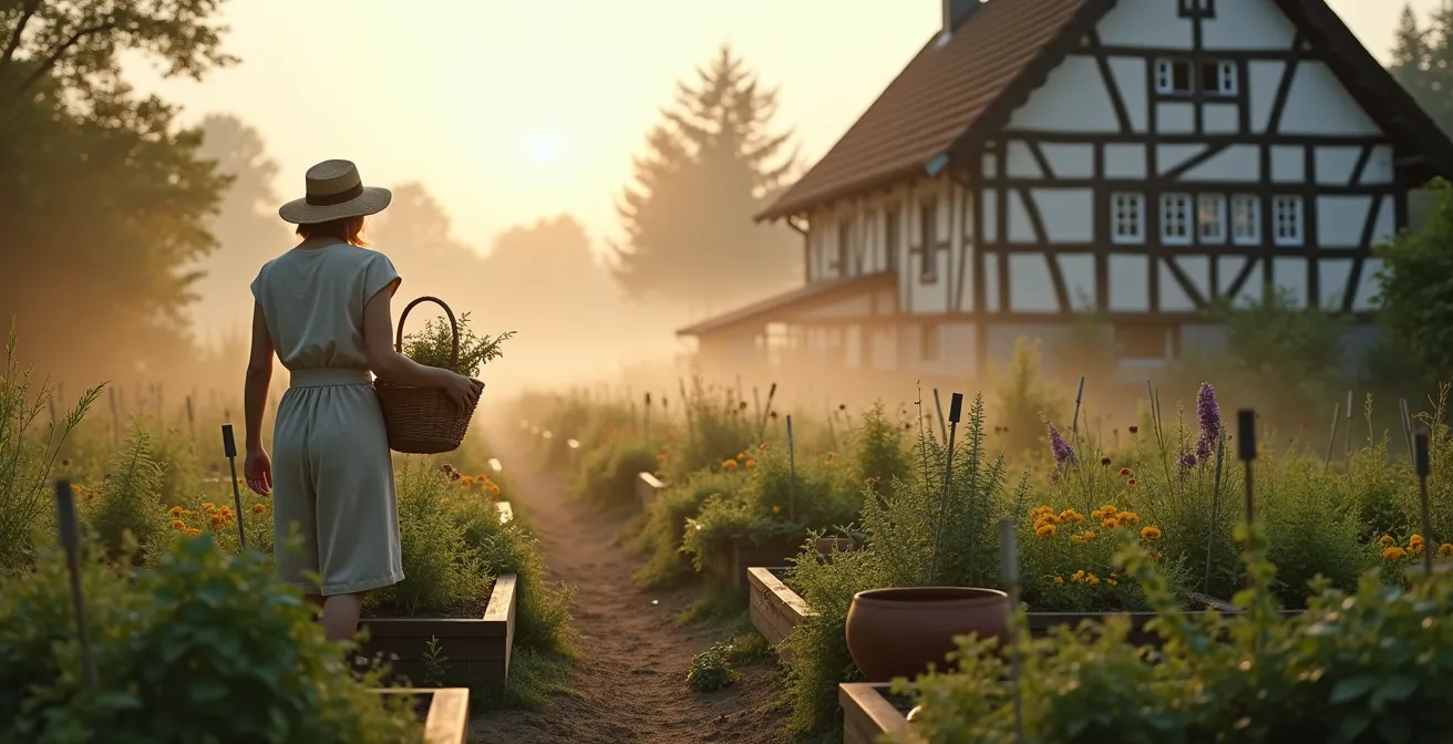 Weitwinkelansicht eines deutschen Bauerngartens mit Heilkräuterbeeten und Person bei der achtsamen Kräuterernte