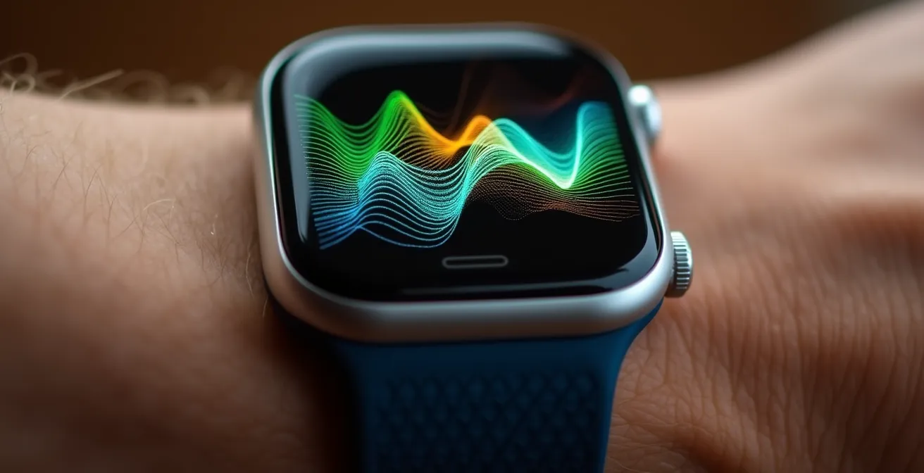 Makroaufnahme einer Smartwatch, die HRV-Daten in abstrakten Wellenmustern anzeigt