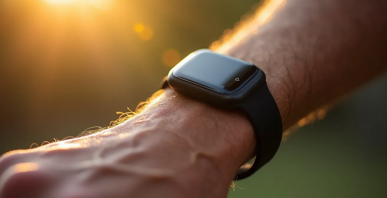Makroaufnahme eines Sportler-Handgelenks mit einem Fitness-Tracker zur Messung der HRV und Regeneration.