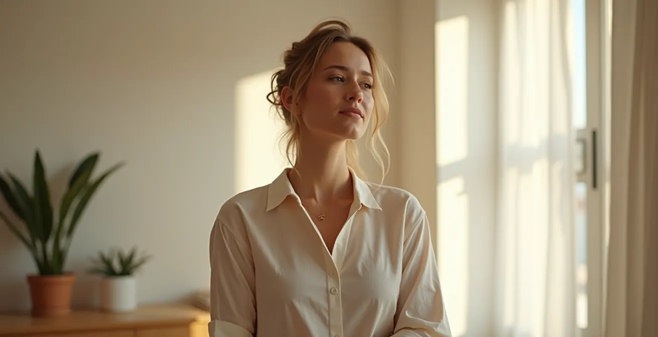 Eine Person, die ihre alte Identität als Raucher hinter sich lässt und eine neue, freie Identität als Nichtraucher annimmt, symbolisiert durch sich entfaltende Flügel.