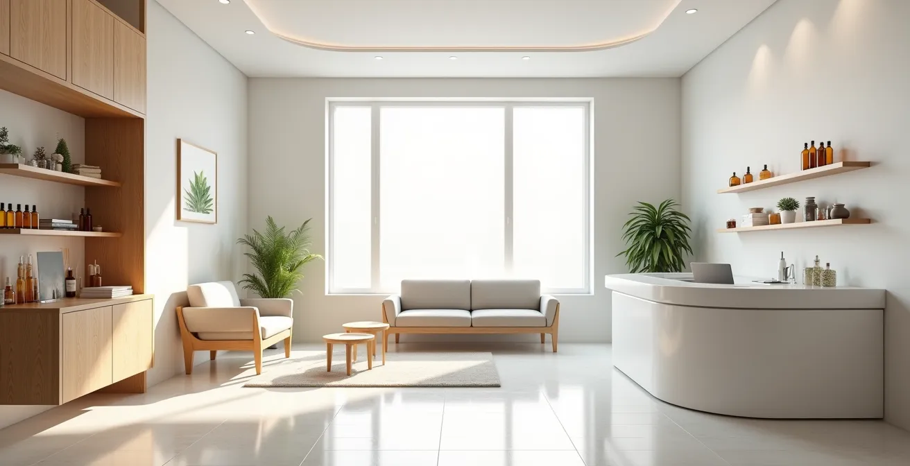 Weitwinkelaufnahme eines modernen Behandlungsraums mit natürlichem Licht und minimalistischer Einrichtung