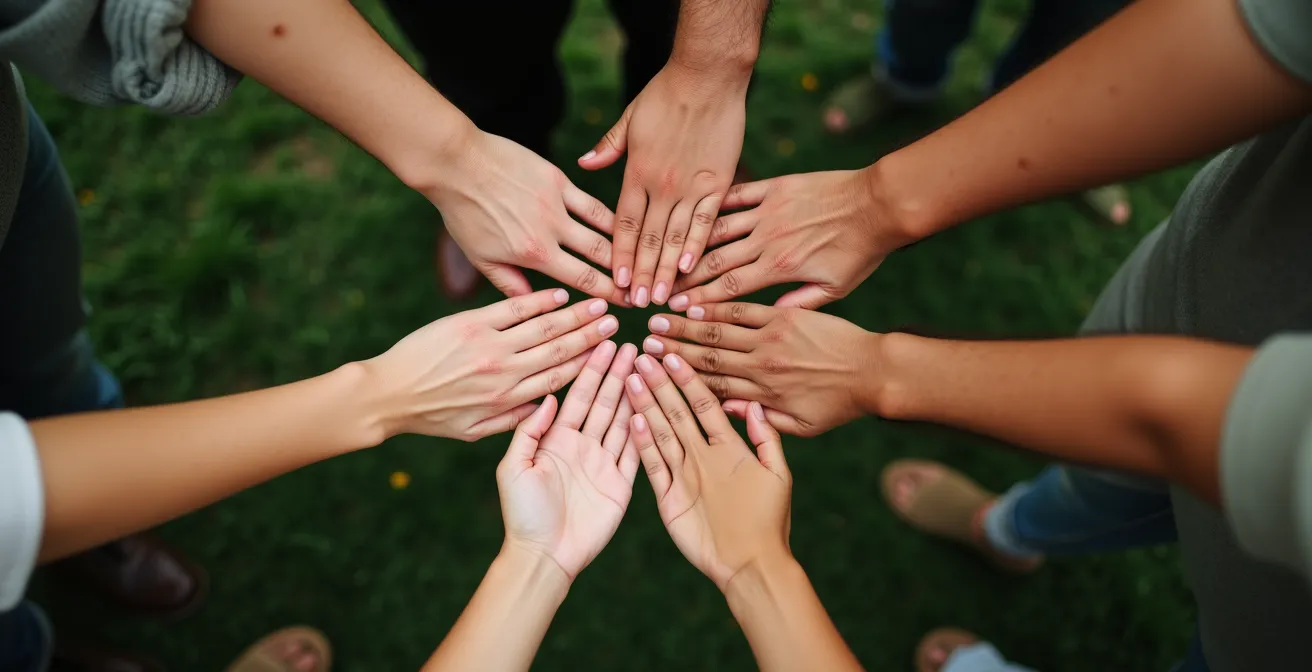 Verflochtene Hände verschiedener Menschen bilden einen Kreis vor natürlichem Hintergrund