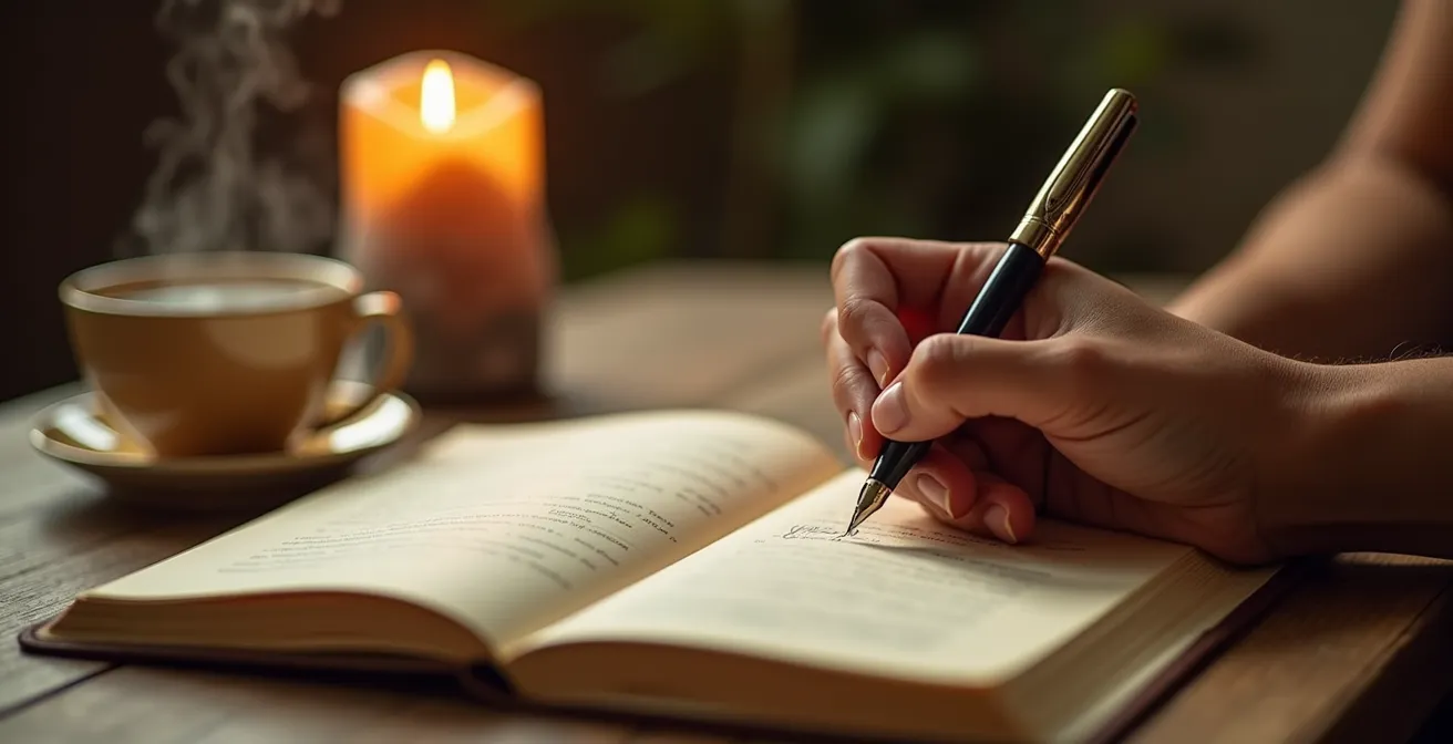 Ruhiger Schreibtisch mit offenem Notizbuch und warmem Kerzenlicht