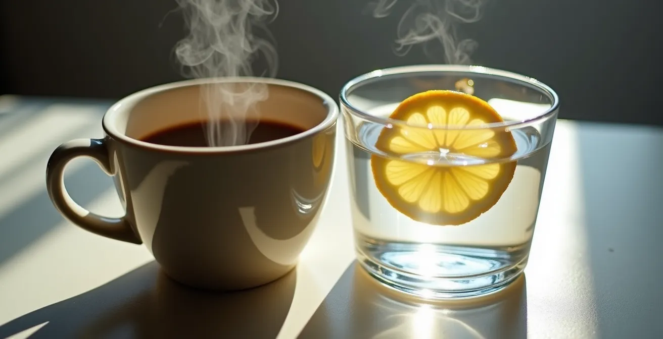 Eine Kaffeetasse neben einem Glas Wasser mit Zitrone, die das Gleichgewicht zwischen Säure und Base symbolisiert