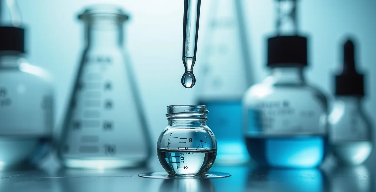 Makroaufnahme von Pipette mit klarer Flüssigkeit über Glasflasche