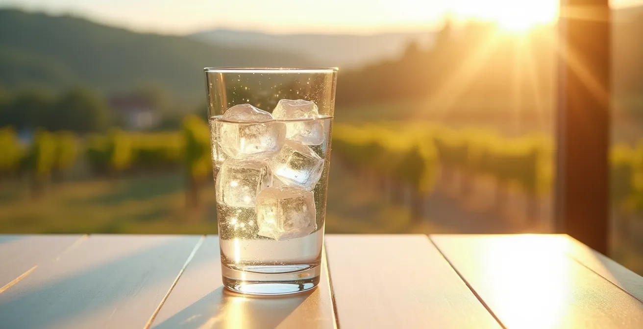 Glas mit klarem Mineralwasser, Eiswürfeln und Wassertropfen im Sonnenlicht, deutscher Landschaftshintergrund mit Weinbergen