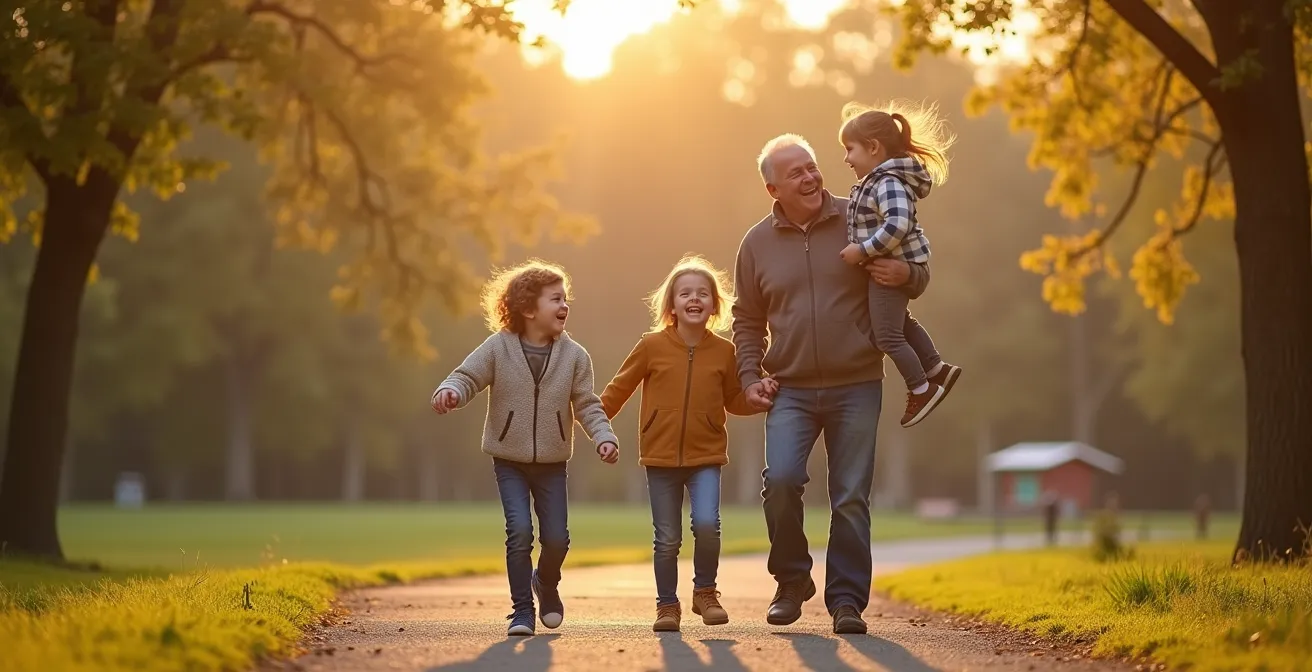 Familie mit Großeltern und Enkeln im Park beim gemeinsamen Spaziergang