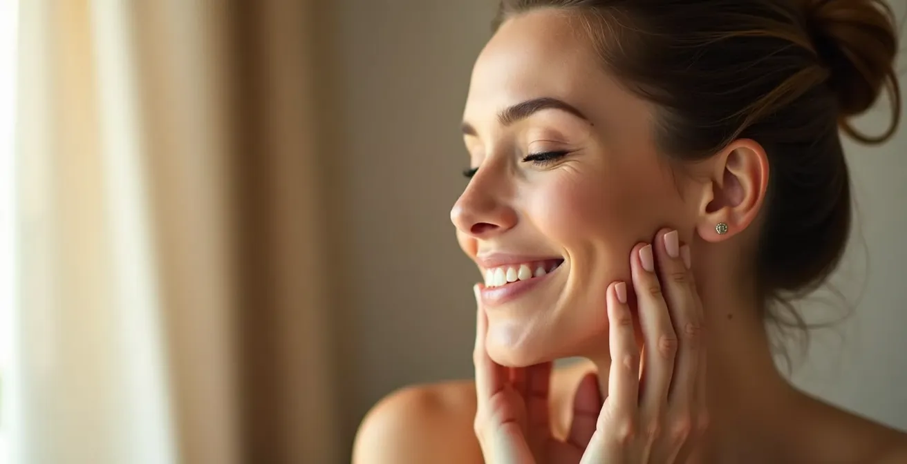 Frauenhände führen sanfte Lymphdrainage-Bewegungen im Gesicht aus