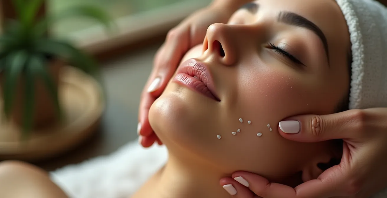 Nahaufnahme eines entspannten Gesichts während einer sanften Lymphdrainage-Massage