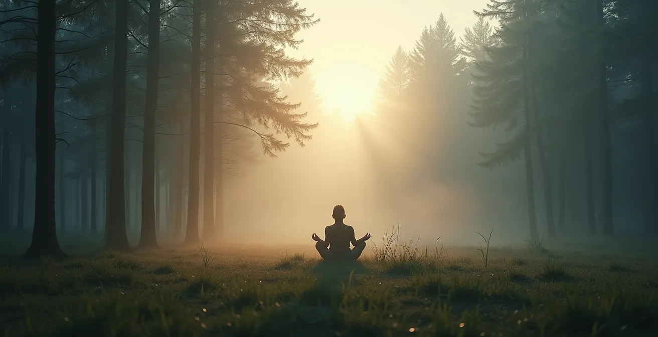 Person praktiziert Achtsamkeitsübung in natürlicher Waldumgebung