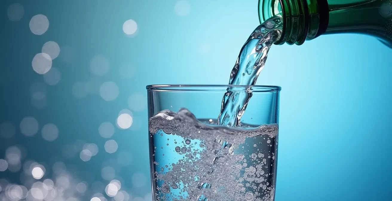 Verschiedene deutsche Mineralwasserflaschen mit Gläsern arrangiert, die einen Hydratationsplan symbolisieren